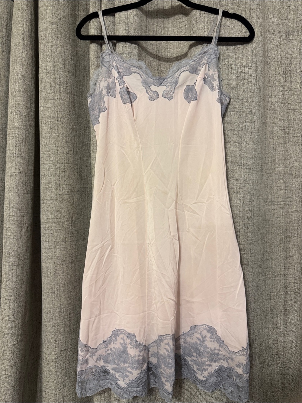 Women’s Vintage Lace-Trim Slip Dress Nightie- Light Pink with Grey Purple Lace S